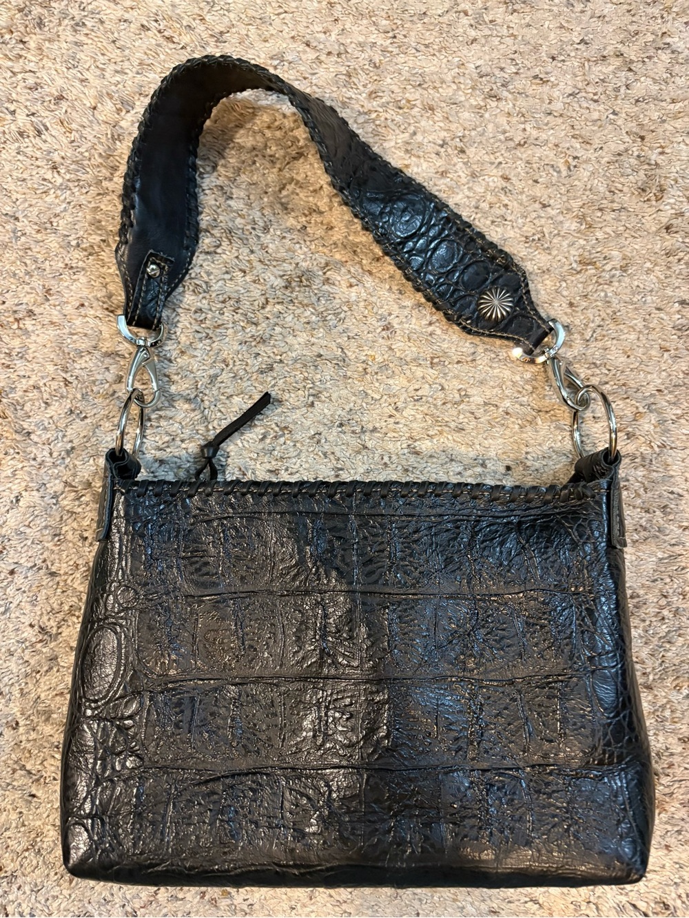 DCL Designer Custom Leather Black Croc-Texture Shoulder Bag w Detachable Strap